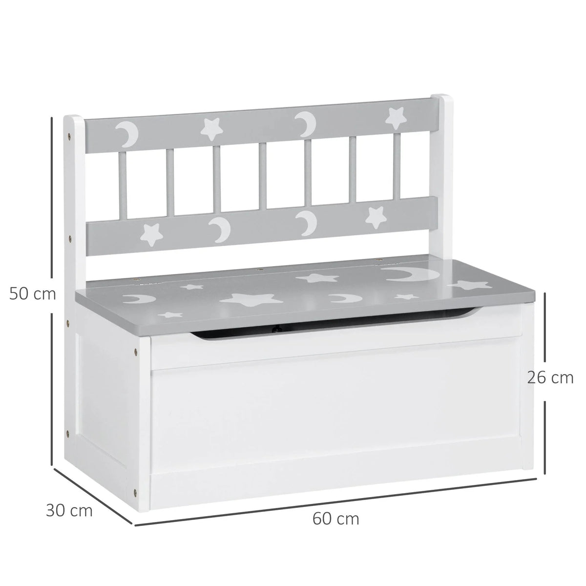 Kids toy chest bench with grey top panel, star and moon accents, white frame.