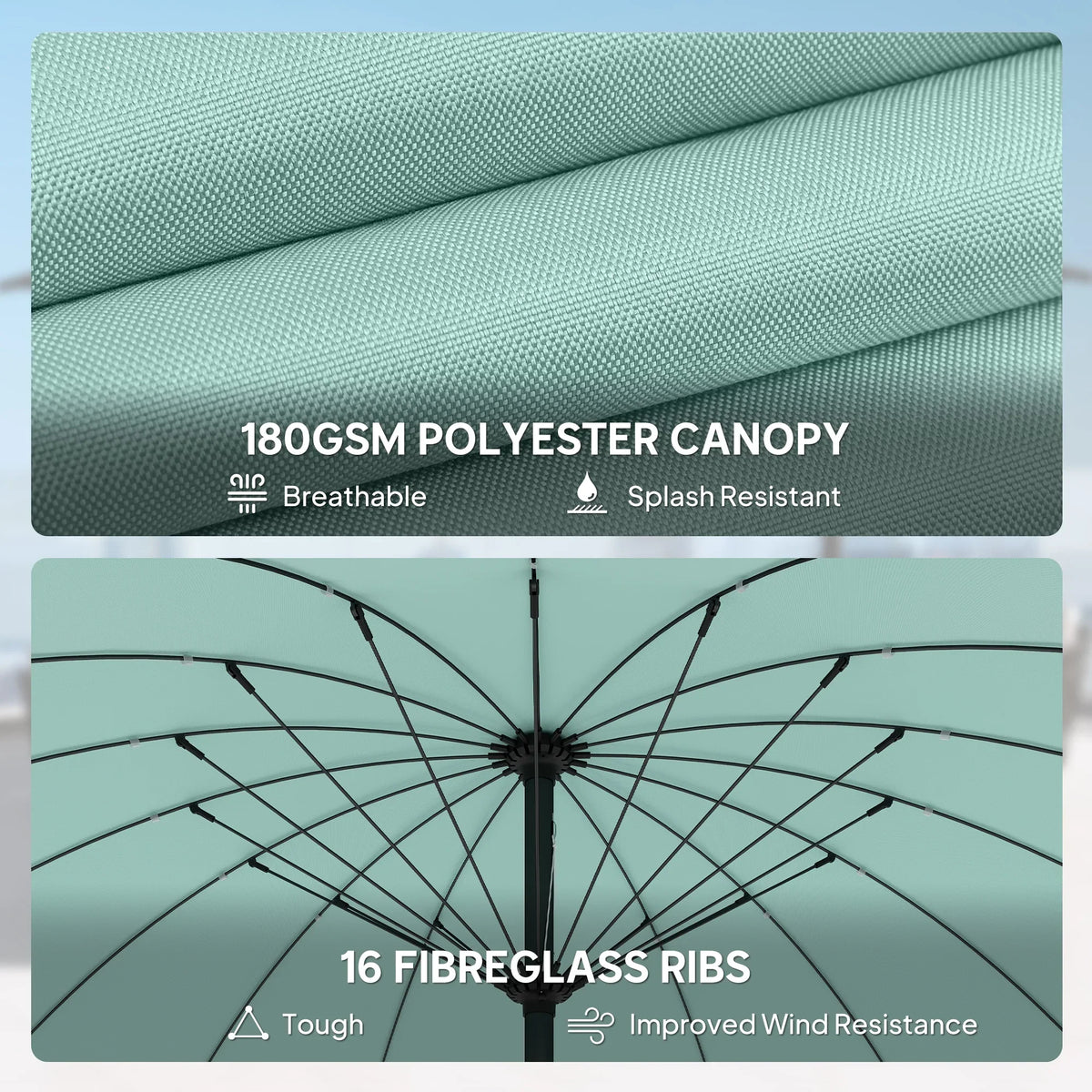 Turquoise polyester parasol canopy fabric detail with view of 16 fiberglass ribs