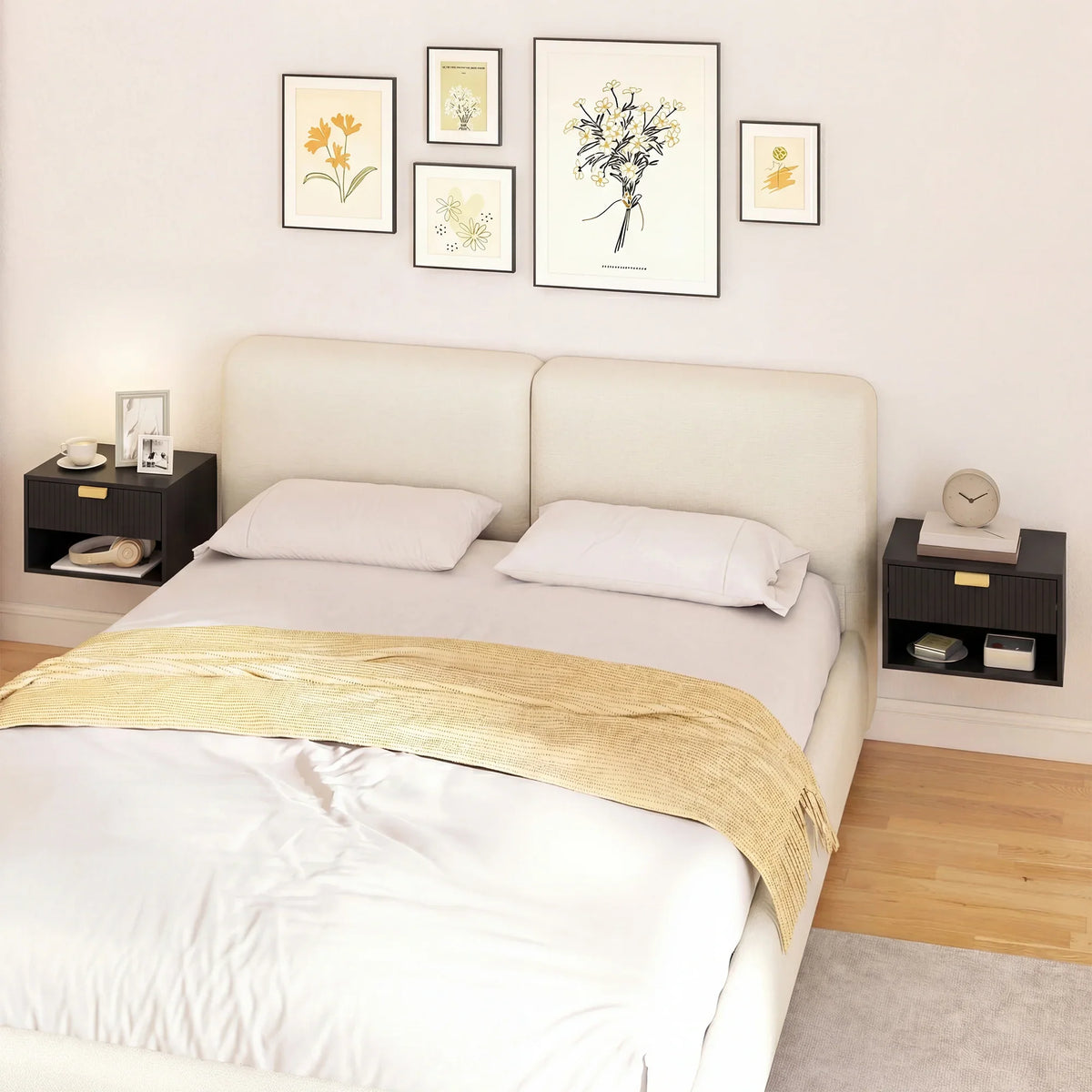 Two black wall-mounted nightstands with fluted drawers and open storage shelves