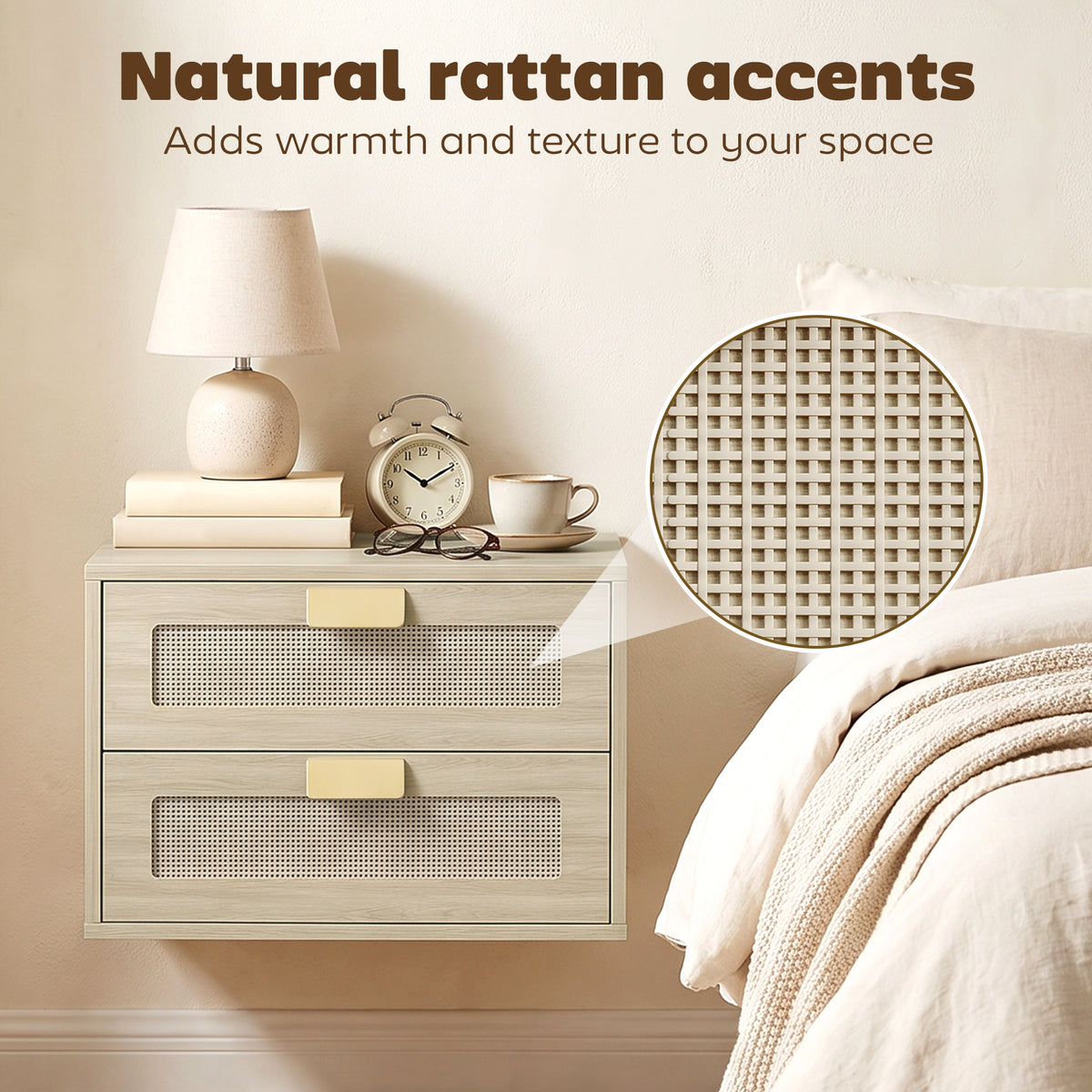 Light oak floating nightstand with two mesh-front drawers and brass-tone pulls