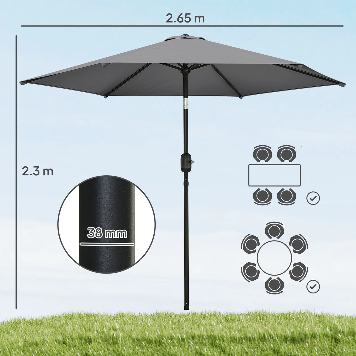 Grey patio umbrella with crank handle and central pole, open canopy
