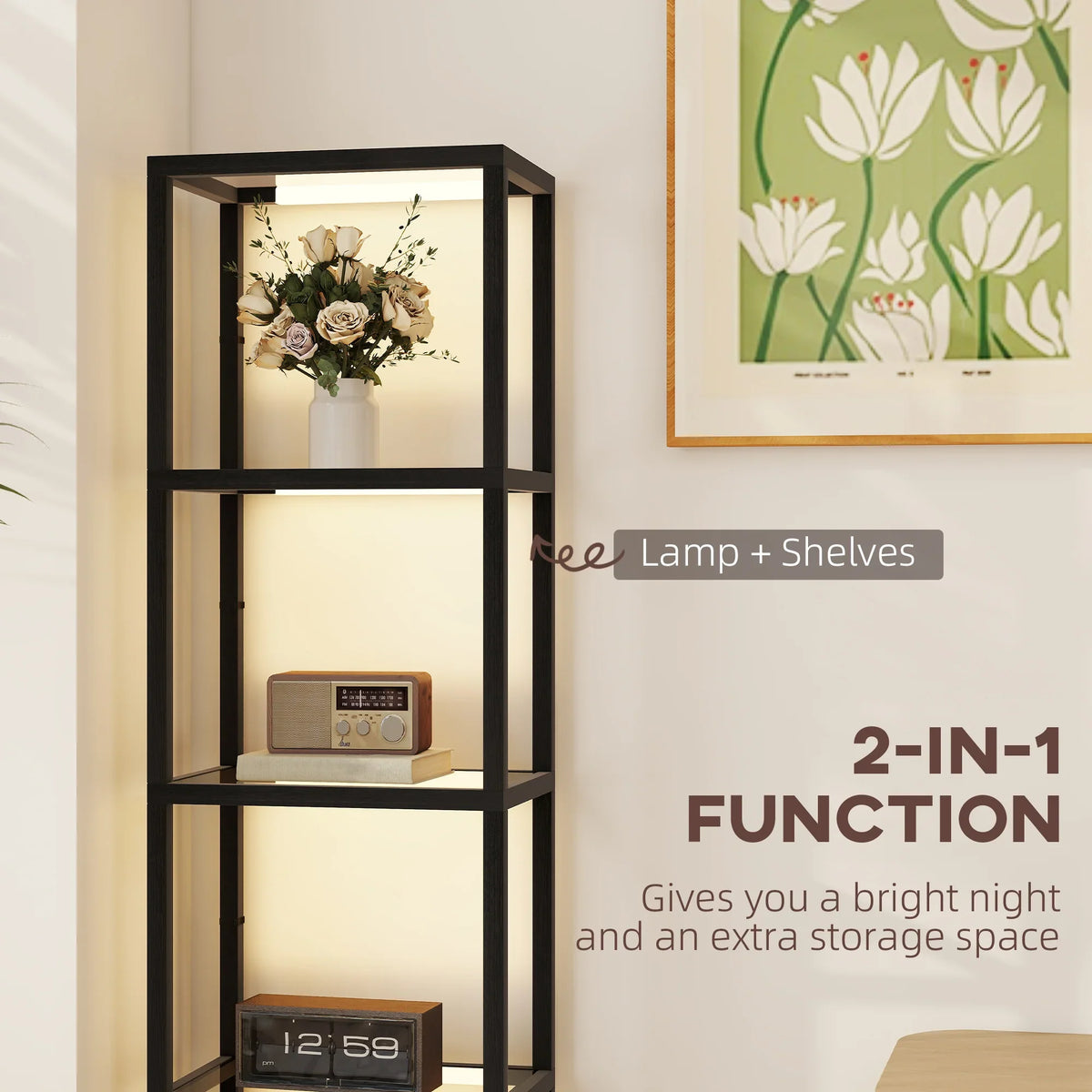 Black four-shelf floor lamp with warm light, shelving for small decor items