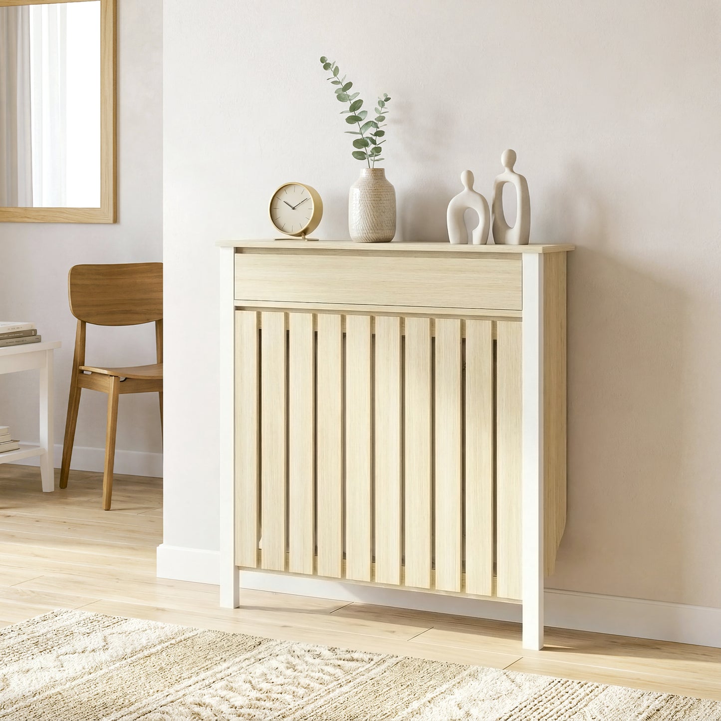 HOMCOM 93 x 88.5 cm Rustic Oak Radiator Cover With White Frame And Slatted Design