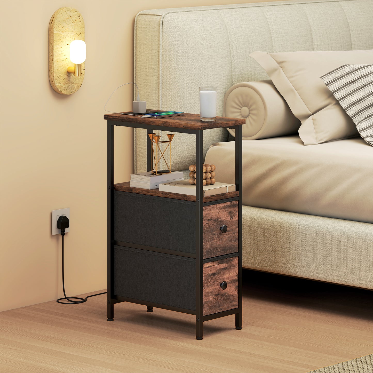 HOMCOM Narrow Bedside Table With Charging Station, 2 Drawers, AC Outlet, 2 USB Ports
