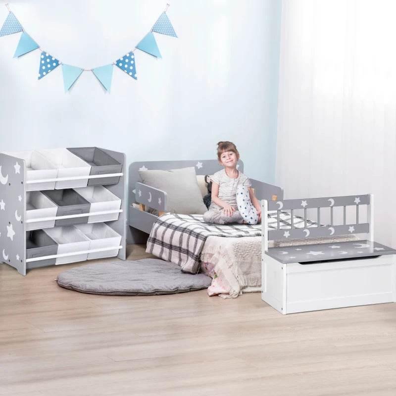 Grey kids bed and storage set with star-and-moon panels, bins, and bench