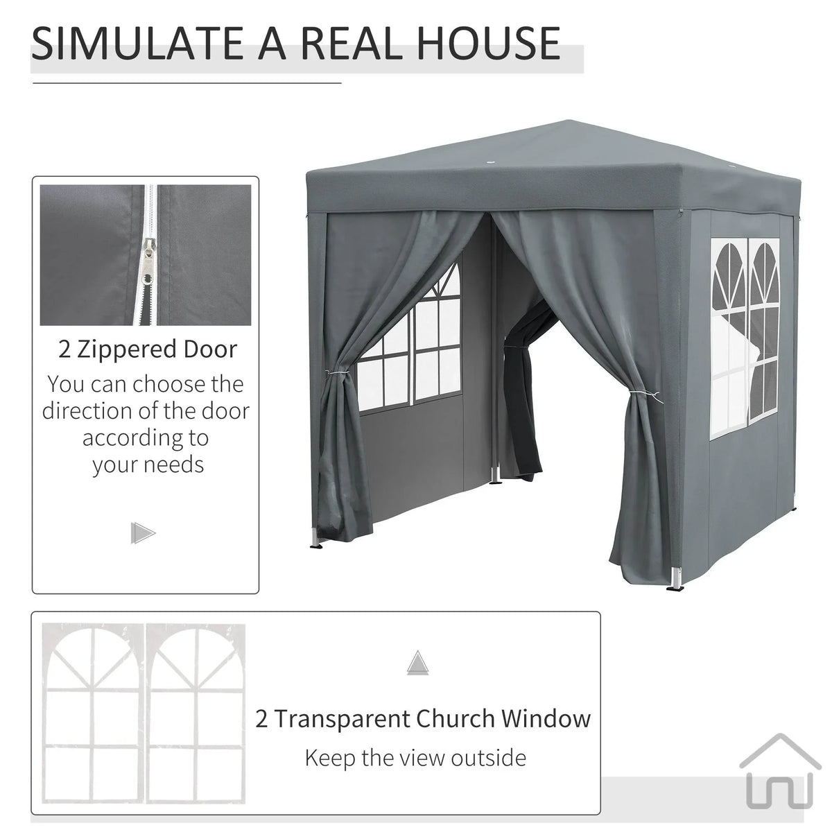 Grey pop-up gazebo with zippered doorway and transparent church-style window panels