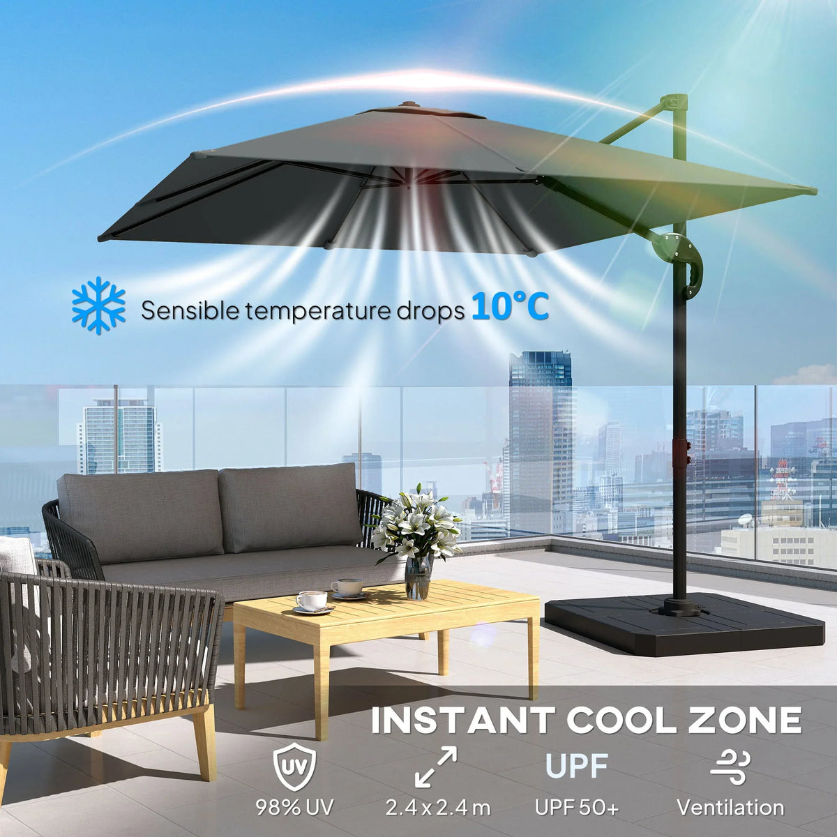 Dark grey cantilever parasol showing UPF50+ canopy and instant cool zone effect