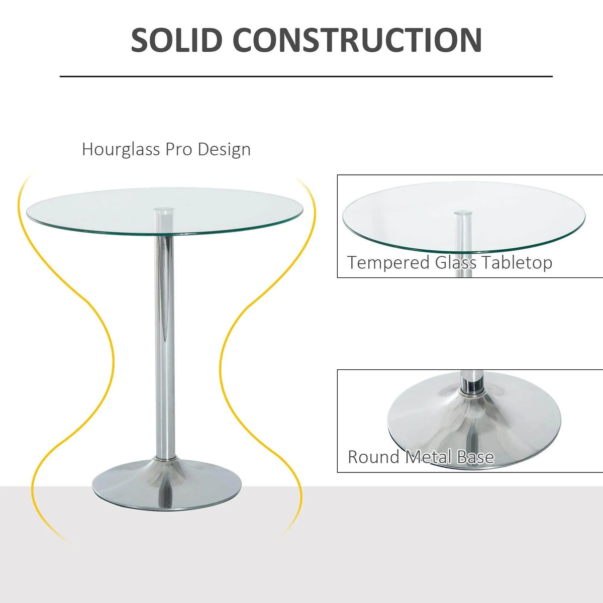 Tempered glass tabletop on a round metal pedestal base with hourglass-style column.