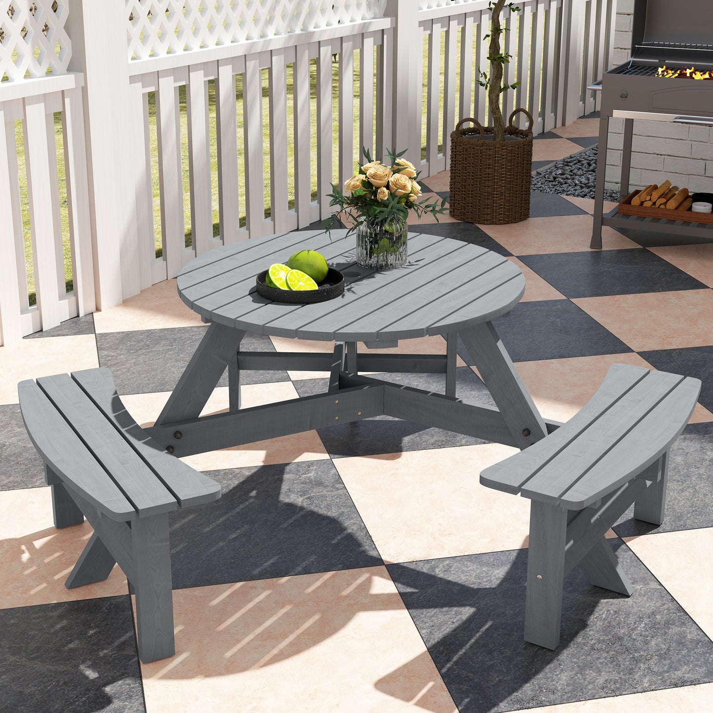 Outsunny Wooden Garden Dining Set 6 Seater Round Table With Matching Bench Parasol Hole Grey Outdoor Patio