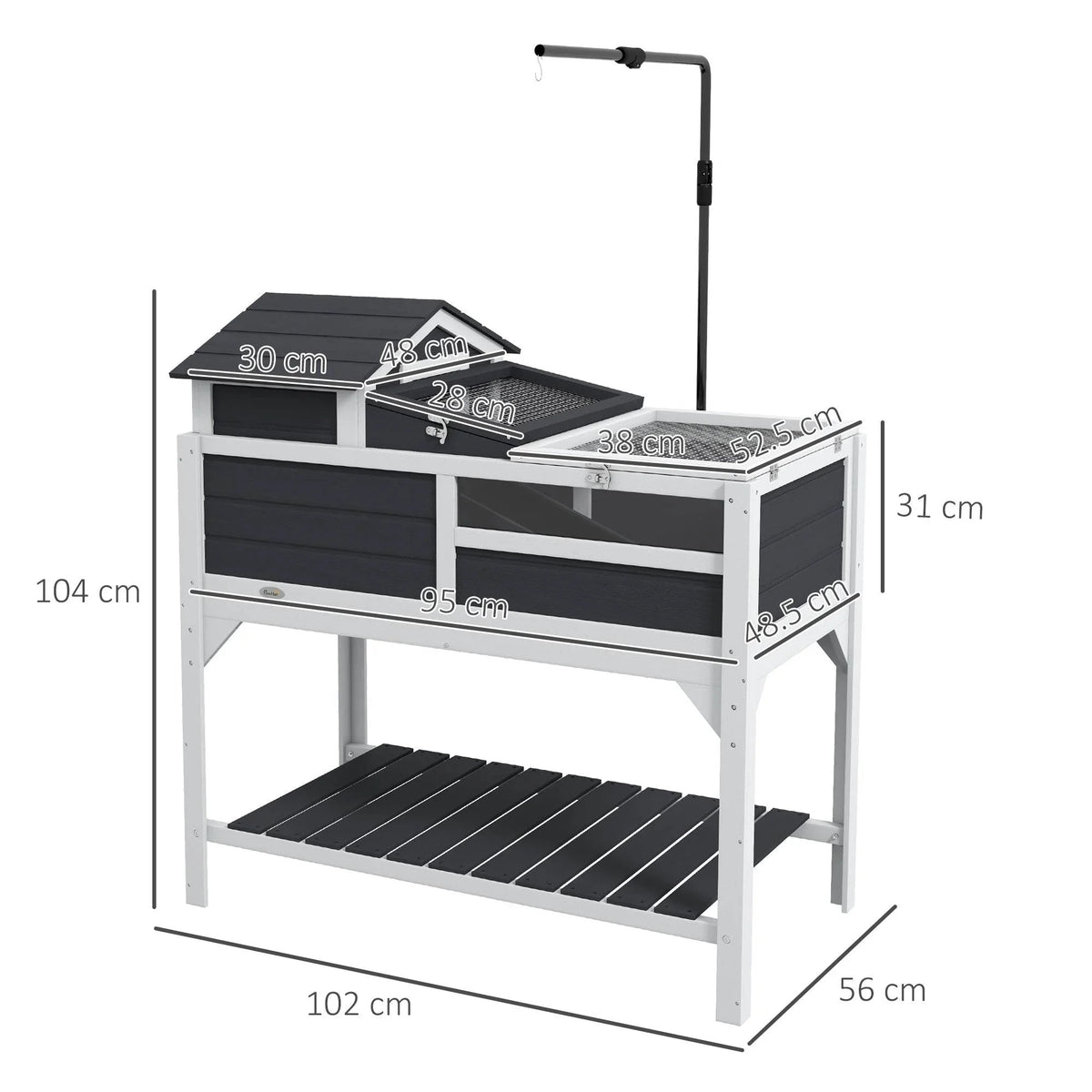 Grey two-level tortoise habitat with adjustable lamp holder and open lower platform