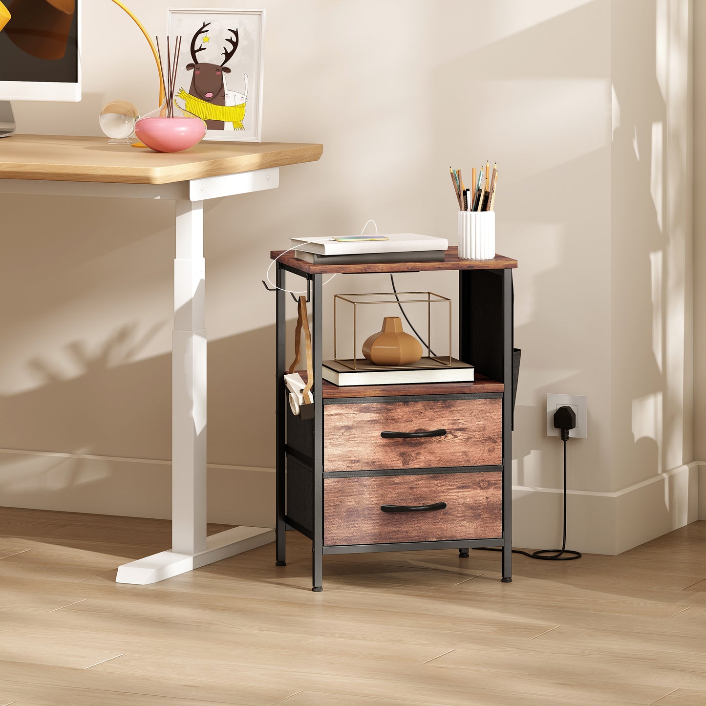 HOMCOM Bedside Table With Charging Station USB Ports Power Sockets Rustic Brown Nightstand With Storage