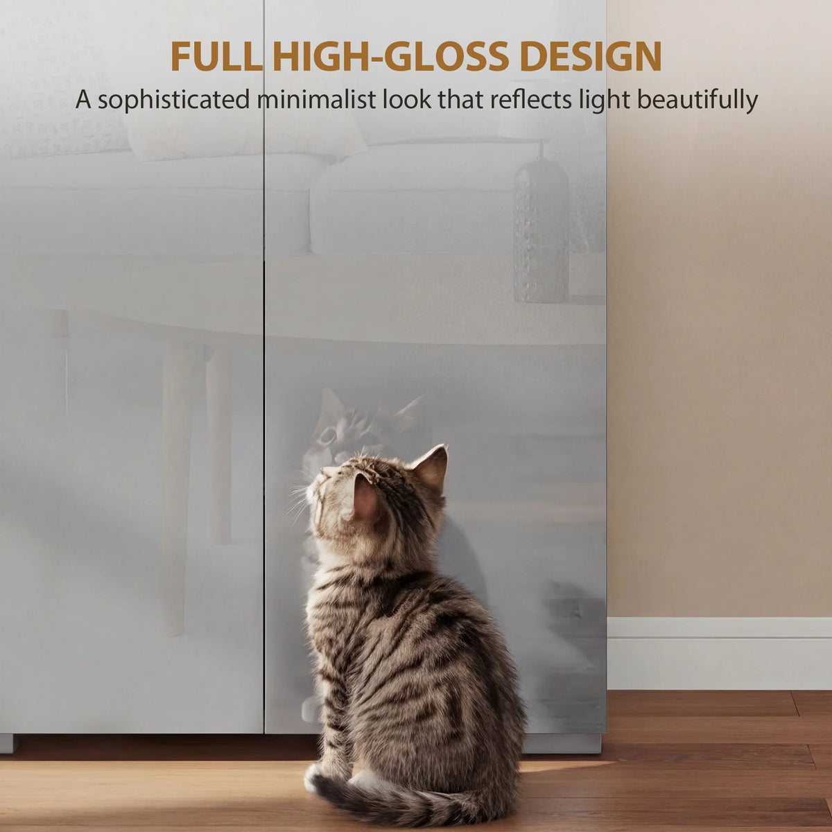 High-gloss grey tall kitchen cupboard pantry cabinet with two front doors