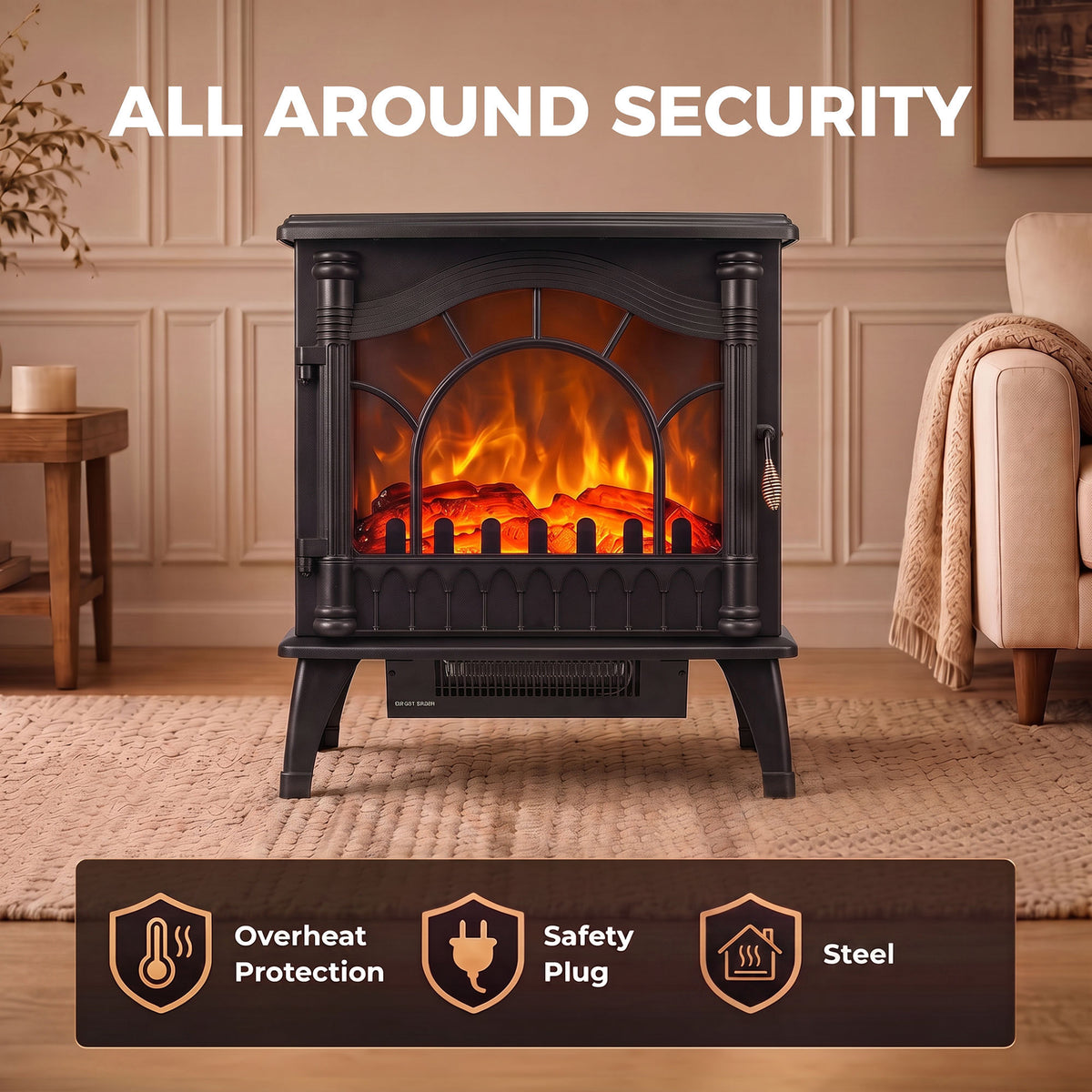 Black 3-sided glass electric fireplace stove with visible flame effect through glass