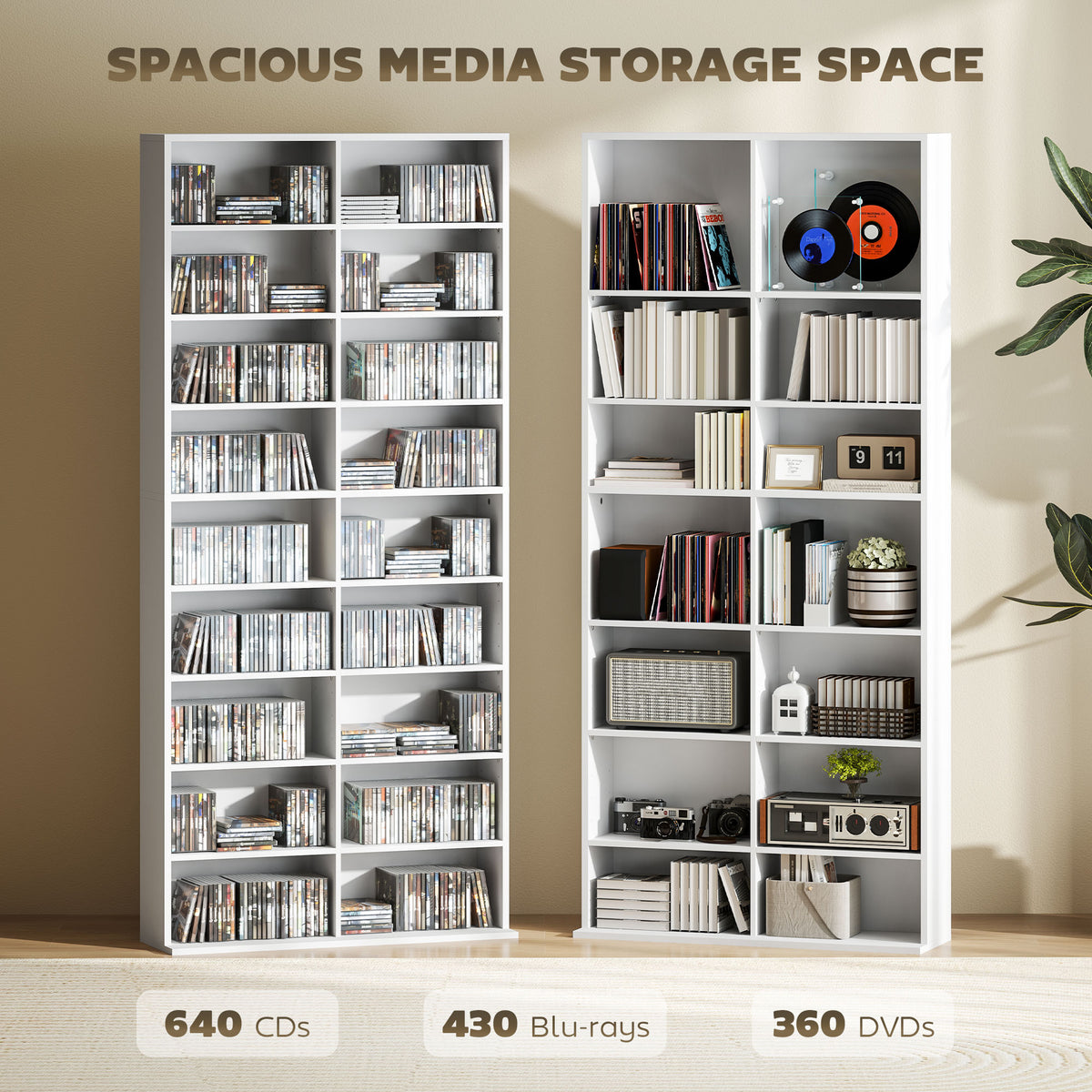 White media storage tower with open cubby shelves for CDs, Blu-rays, and DVDs