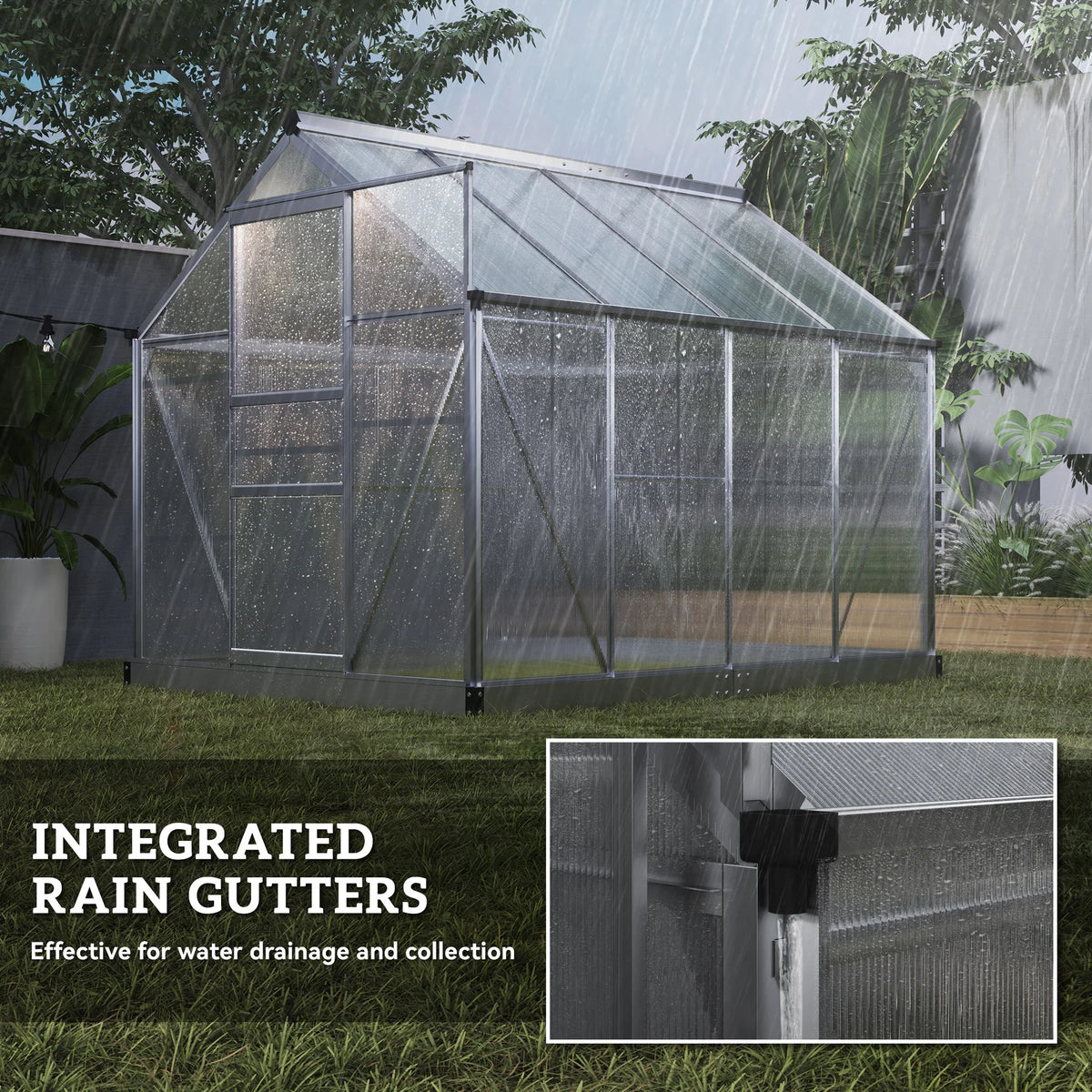 Walk-in greenhouse with integrated rain gutter, clear panels, and metal frame in rainfall