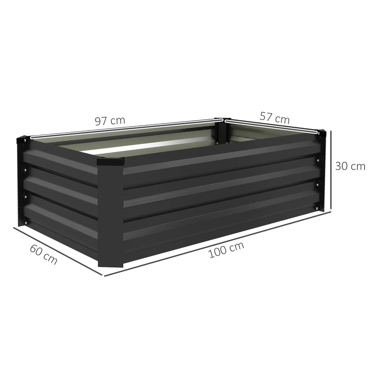 Dark grey elevated rectangular steel planter box, open top, slatted side panels