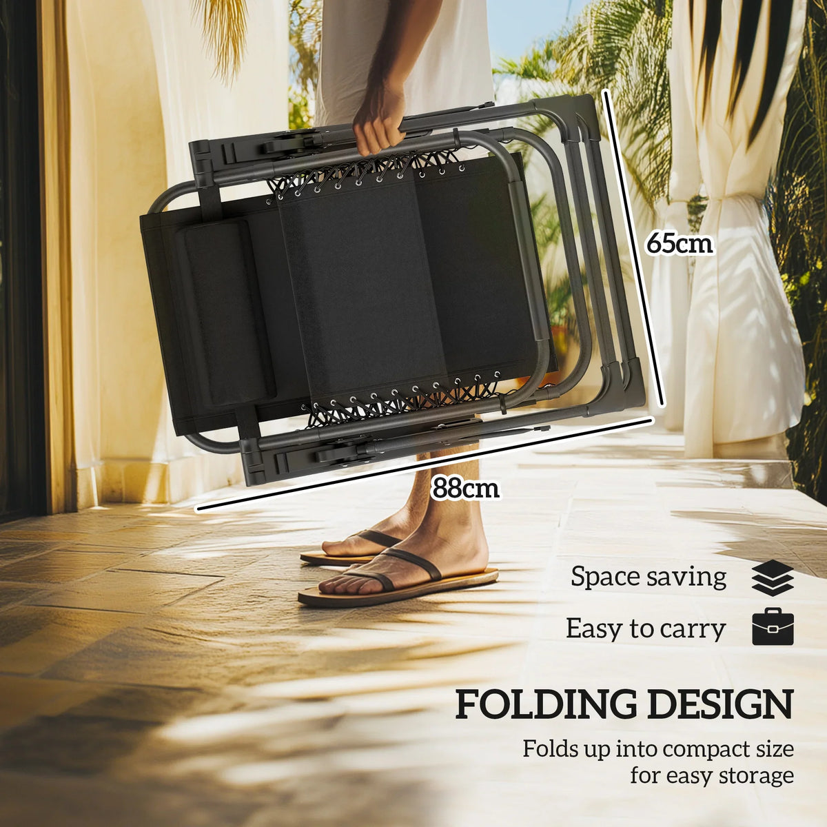 Outsunny folding reclining sun lounger with grey cushion, folded for easy storage