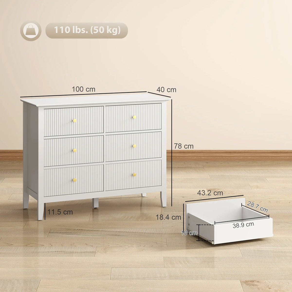 White fluted 6-drawer dresser chest with dimensions and open side profile