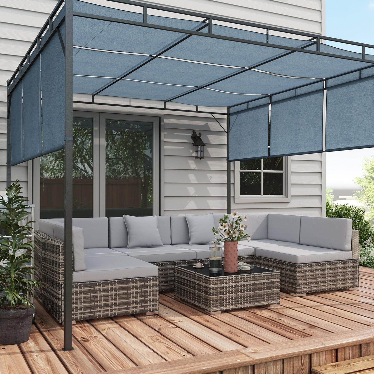 Grey PE rattan corner sofa set with light grey cushions and glass coffee table
