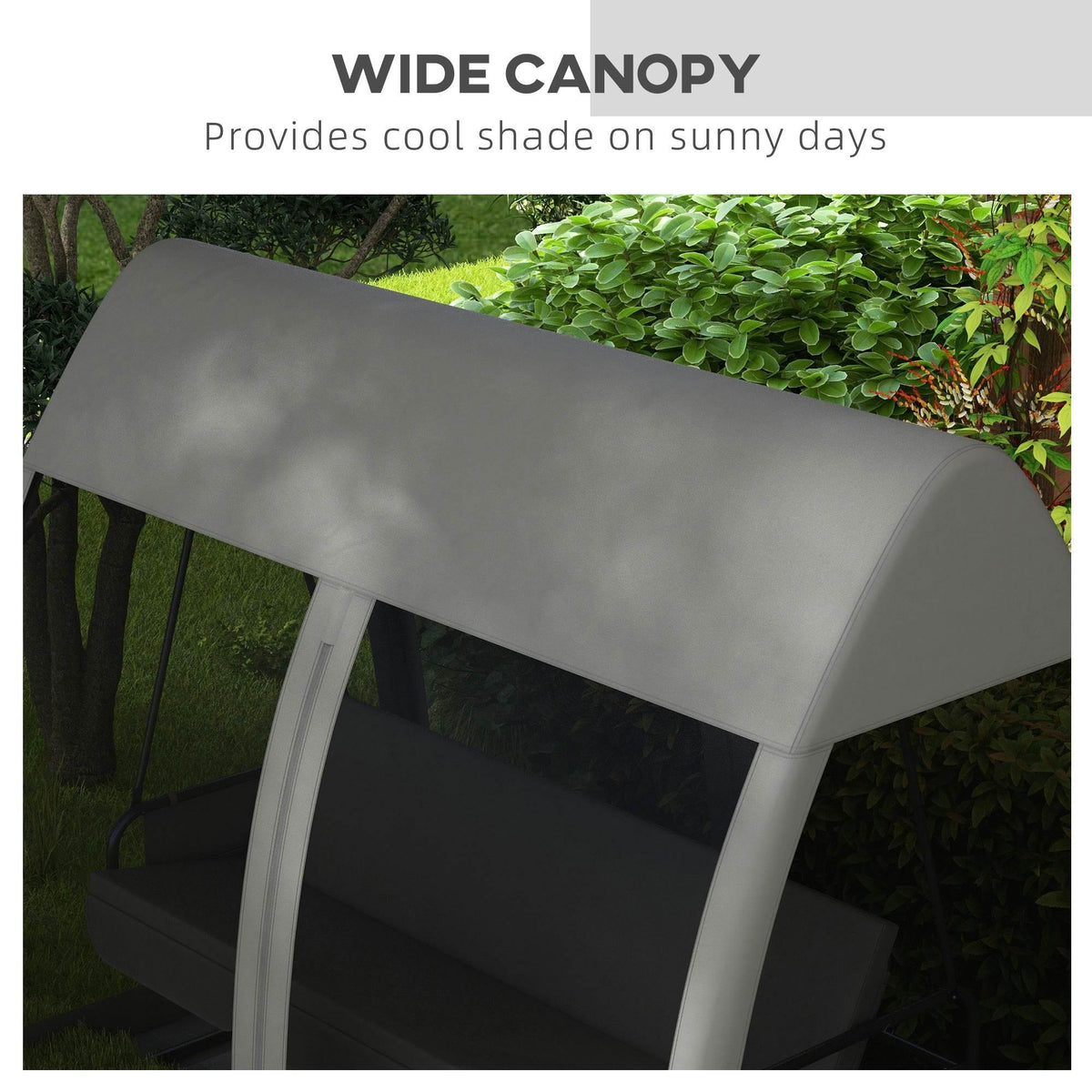 Grey wide canopy over outdoor swing chair, provides shade