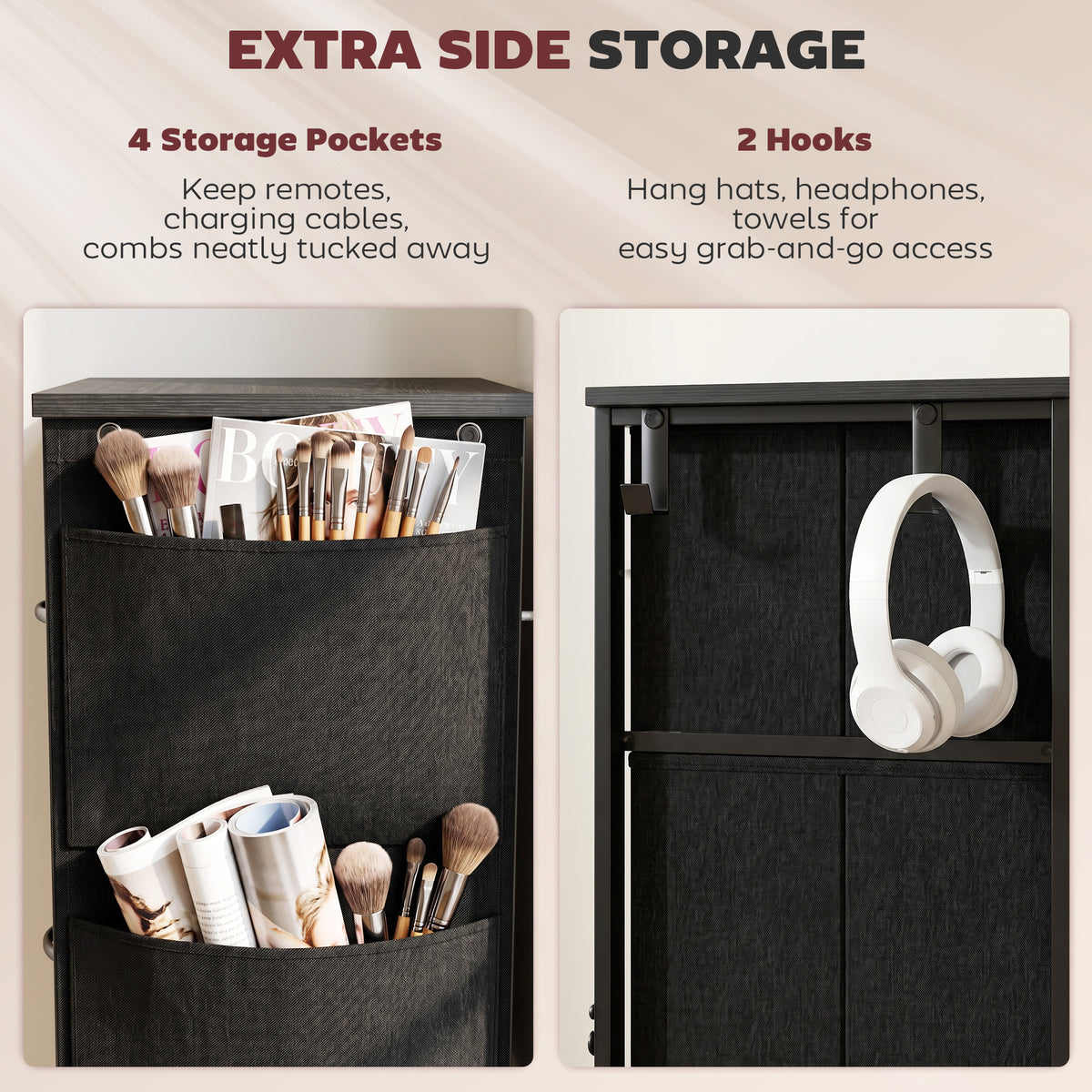 Black fabric drawer dresser with side storage pockets and two hanging hooks