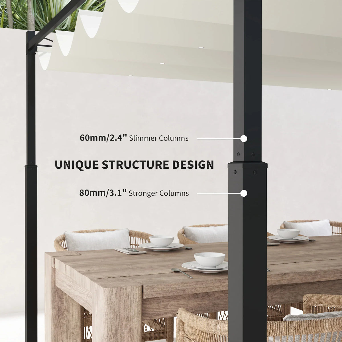 Metal pergola columns with slim and strong supports over patio dining table