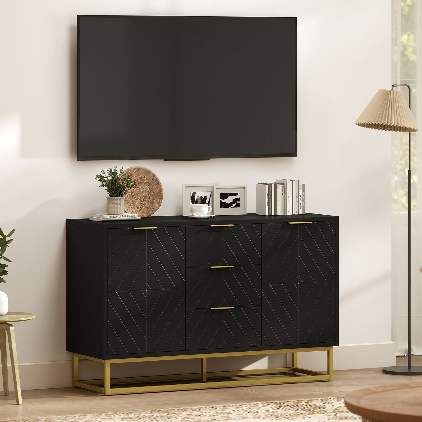 HOMCOM Sideboard With 3 Drawers And Adjustable Shelves For Living Room Black Finish Modern Storage Cabinet