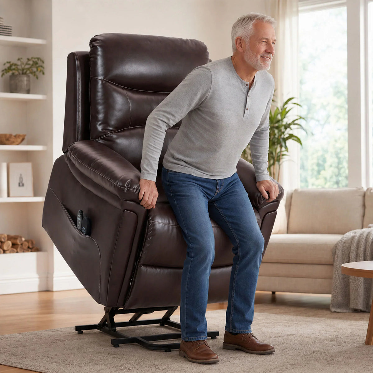 Brown electric lift recliner chair with PU leather upholstery, shown standing up.