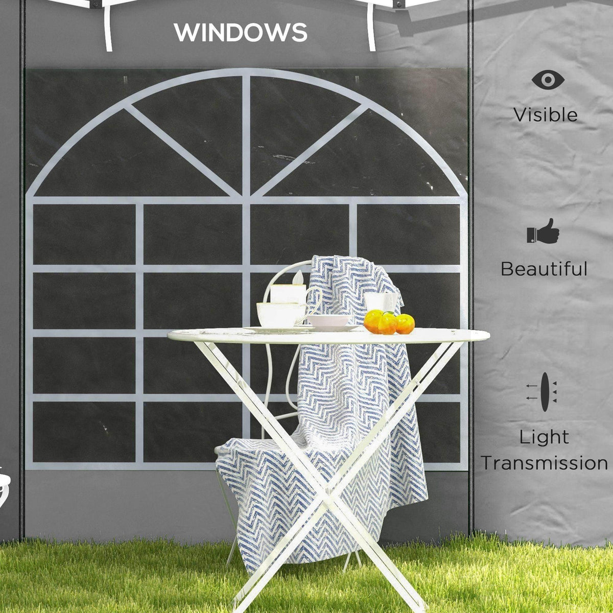 Light grey gazebo side panel with arched window grid and visible light, 2-pack.