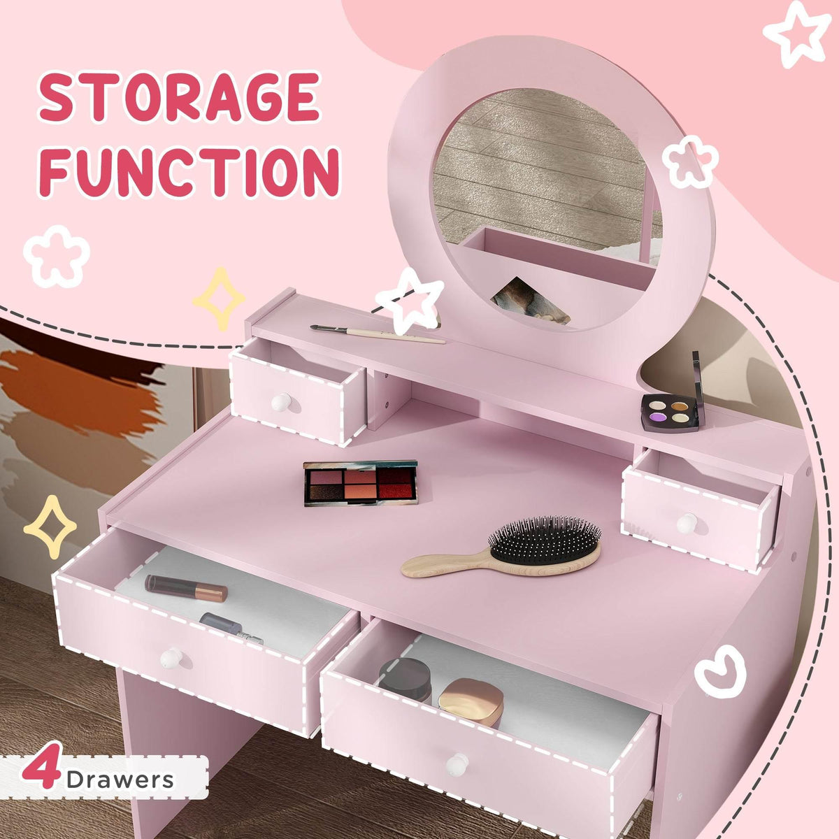 Kids pink makeup vanity set with clear open top and storage drawers beneath round mirror