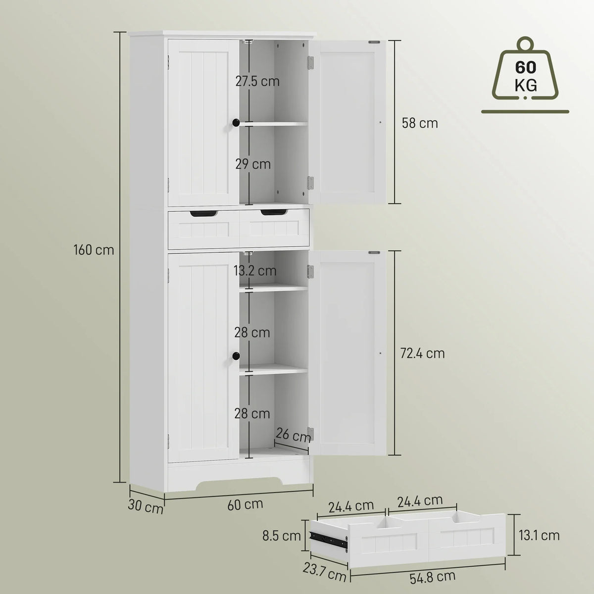 White tall storage cabinet with drawer and double doors, front view size diagram