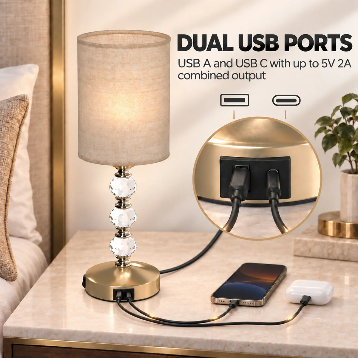 Crystal table lamp with beige shade and dual USB A and USB C charging ports