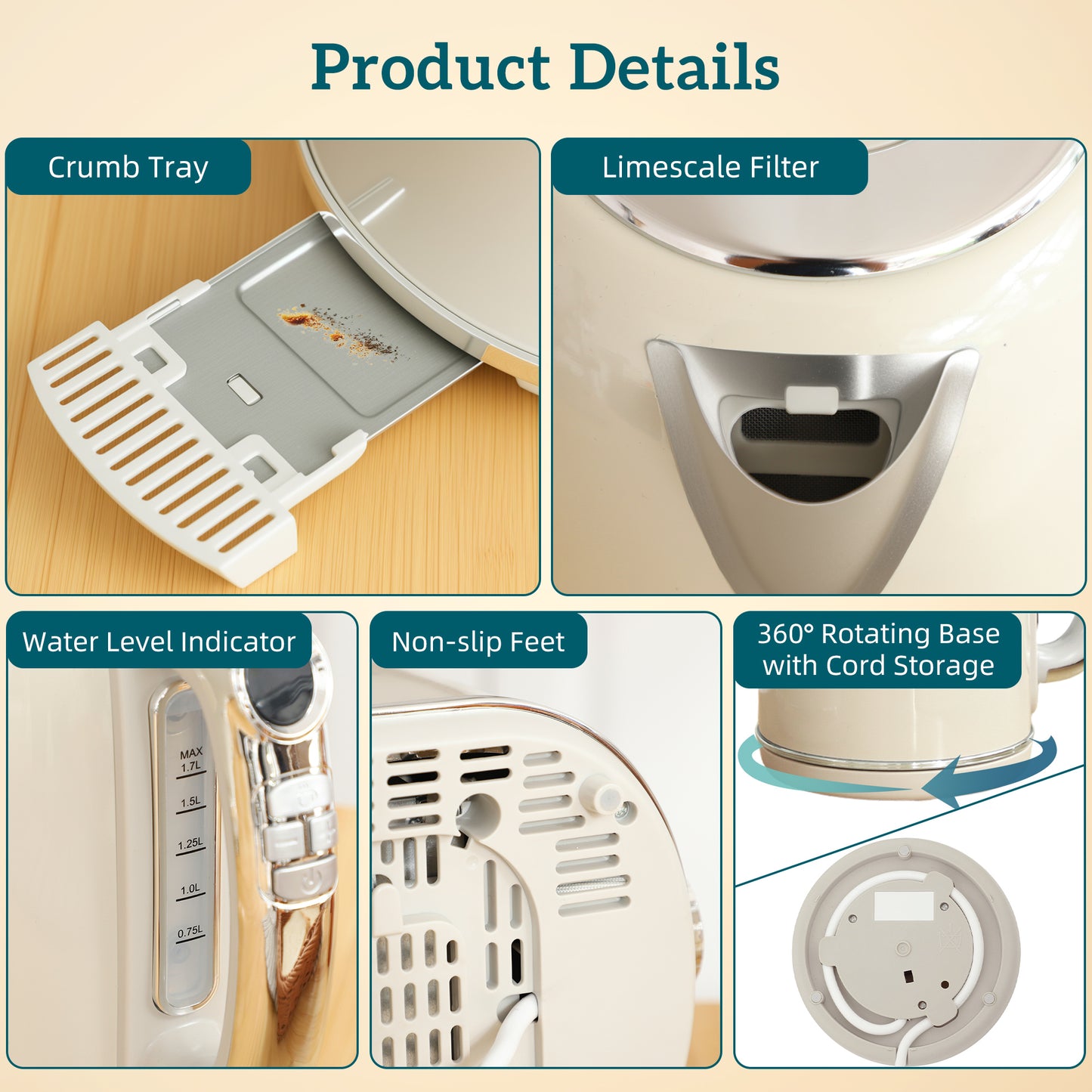 HOMCOM Polished Retro Kettle And Toaster Set Cream With 40-100 Celsius Temperature Control And Memory Function