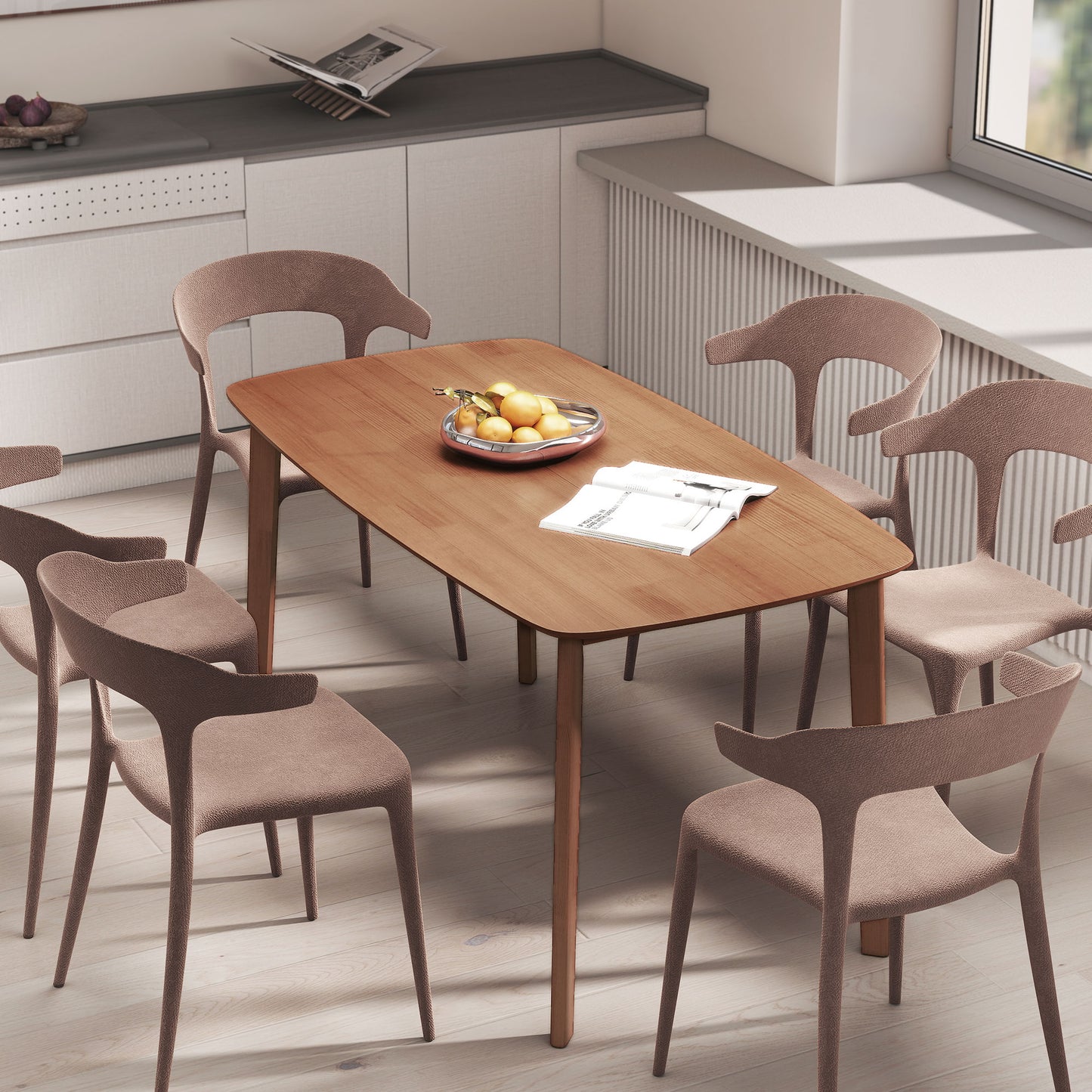 HOMCOM Pine Wood Rectangular Dining Table Light Brown Ideal For Small Spaces Seats Six With Round Corners