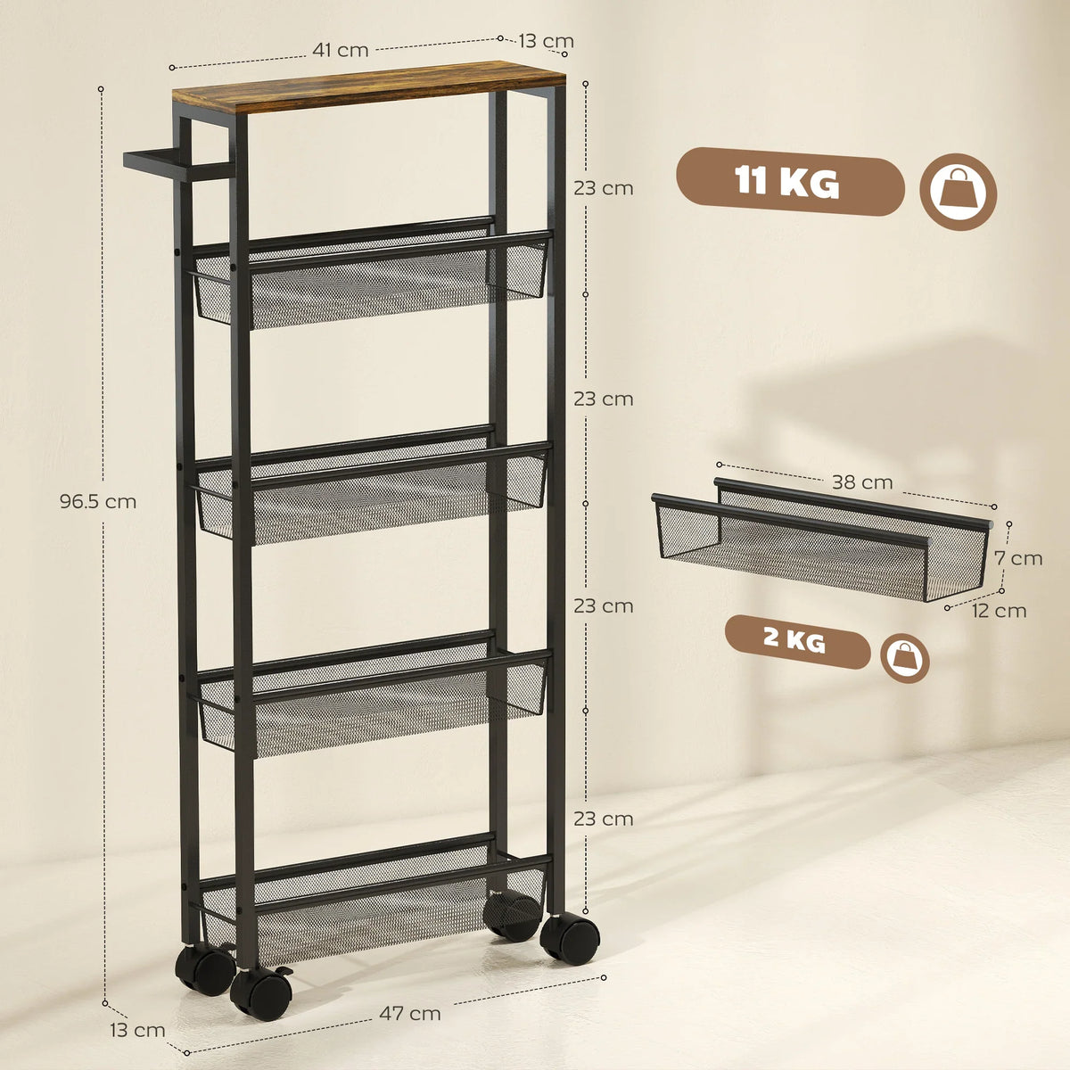 Black 5-tier storage trolley frame with wood-effect top and caster wheels; size diagram