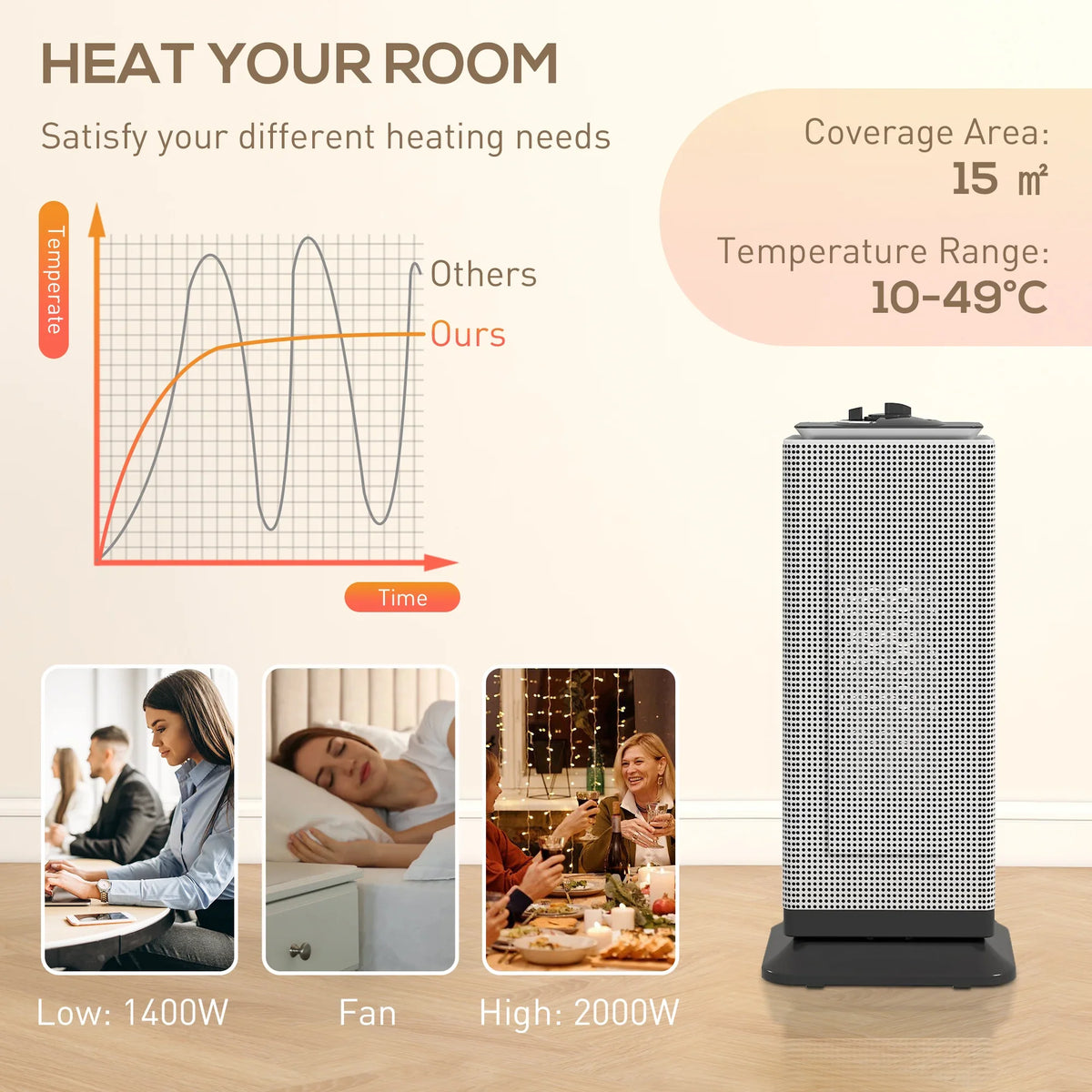 Black ceramic space heater with glowing heating panel on floor base