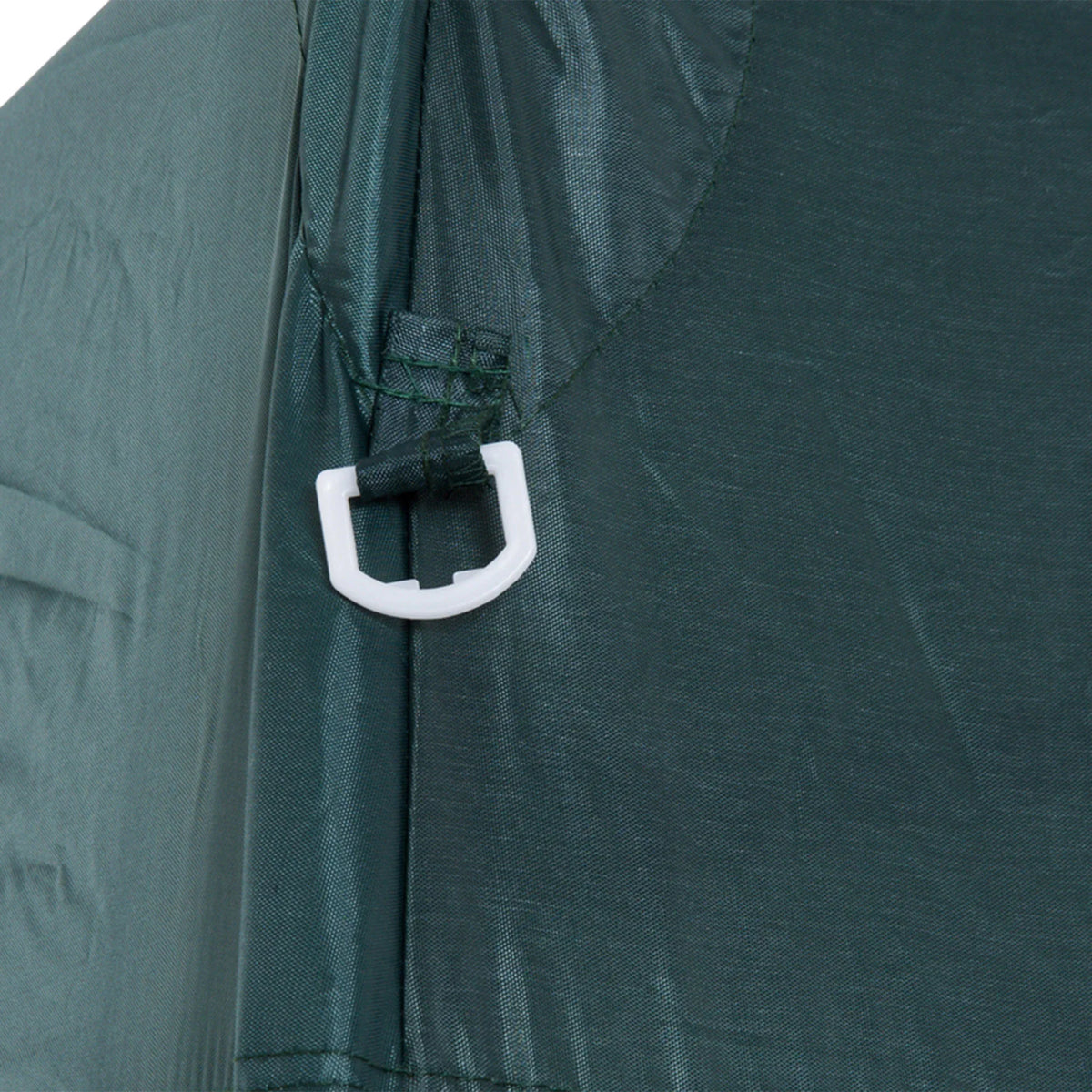 Green gazebo fabric corner with white strap buckle and attachment clip