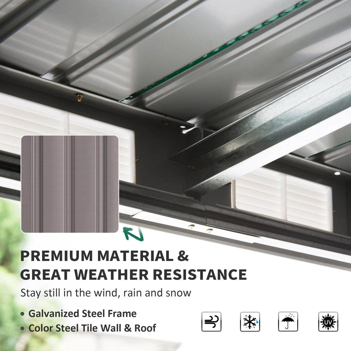 Light grey metal garden shed interior with roof frame beams and wall panel sections