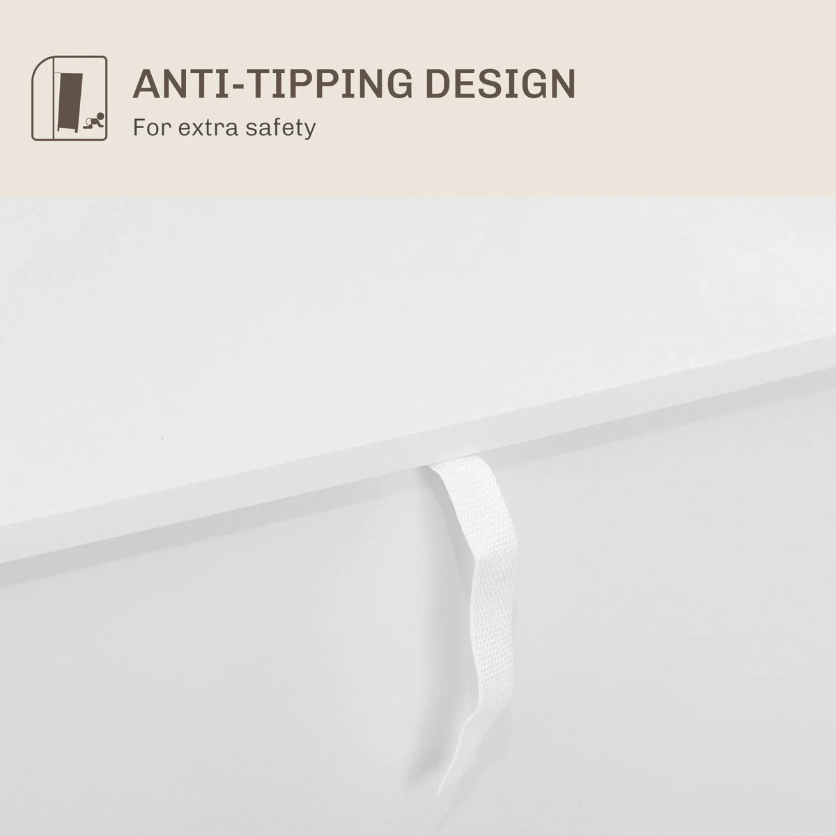 White cabinet corner with anti-tipping strap detail