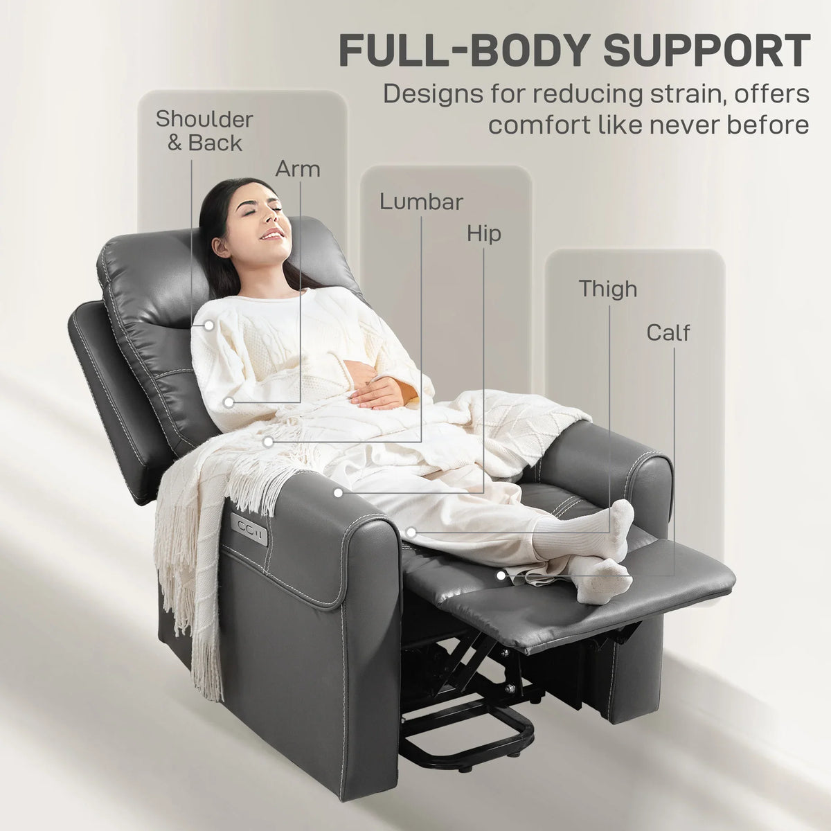 Charcoal gray recliner chair with mapped support areas from shoulders to calves