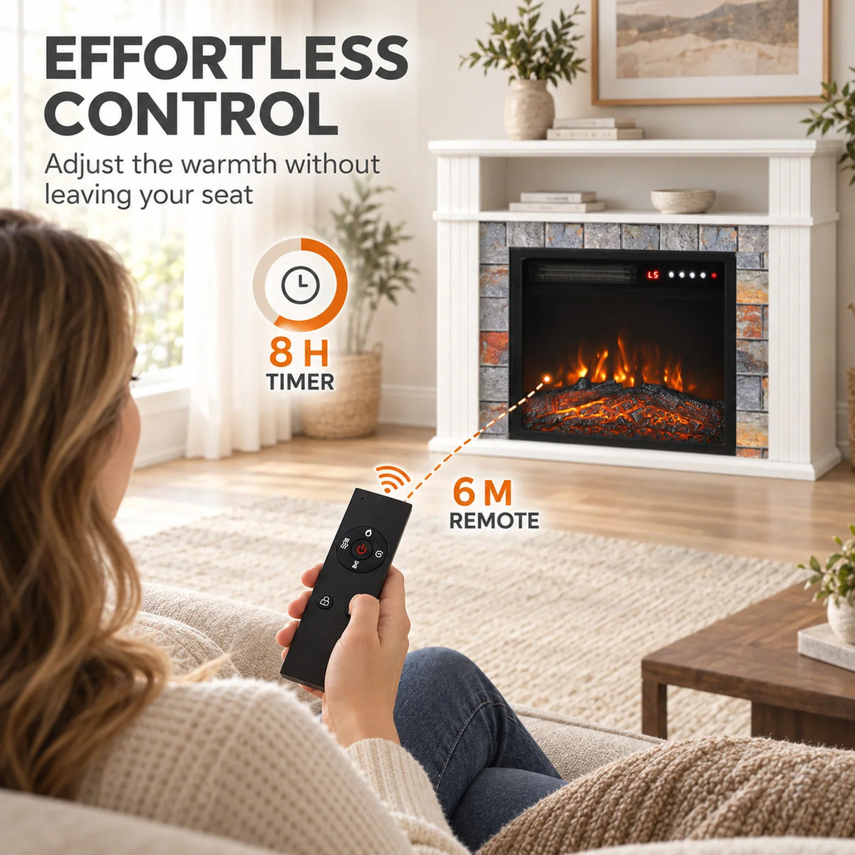 White electric fireplace TV stand with LED flame; handheld remote control shown.