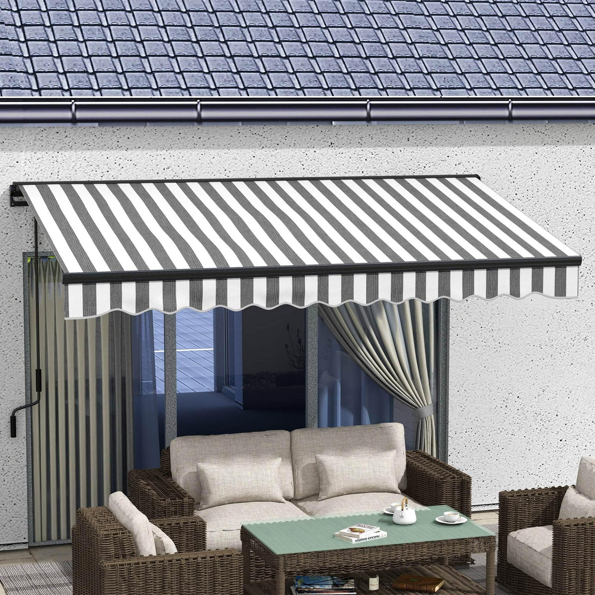 Gray-and-white striped retractable awning with dark valance over patio