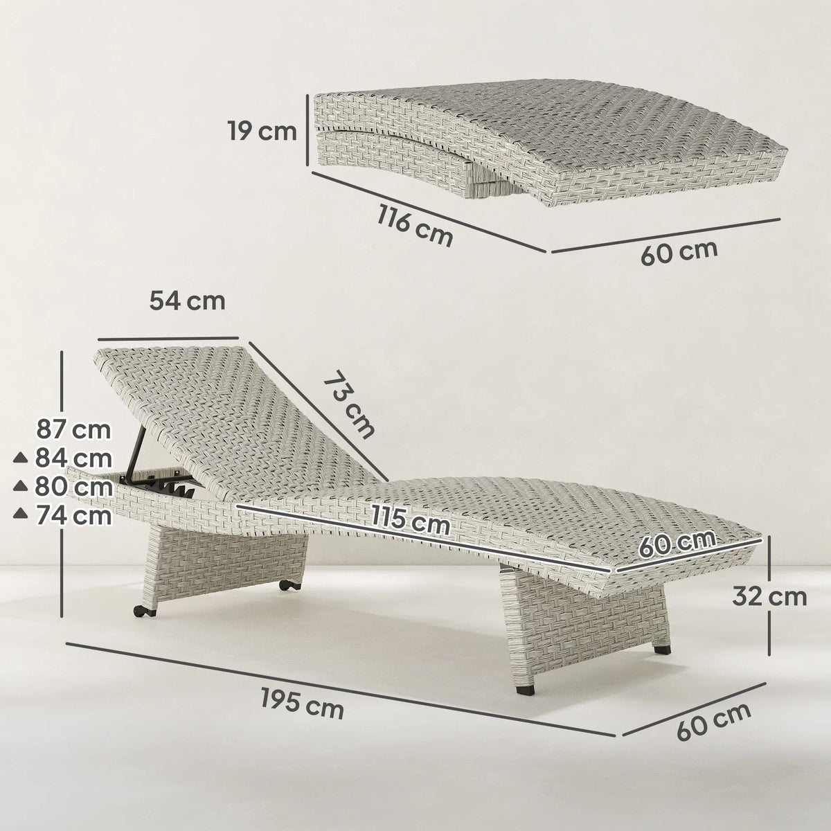 Grey folding sun lounger with adjustable backrest, shown with size measurements