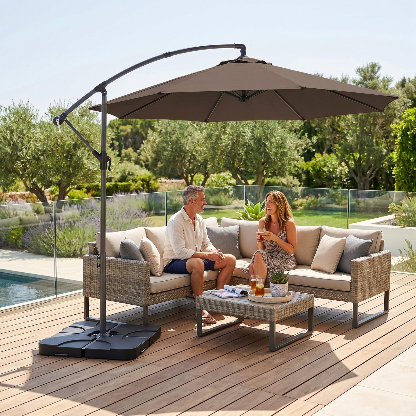 Outsunny 3m Overhanging Cantilever Parasol Coffee With Base Weights And Protective Cover For Outdoor Patio Shade