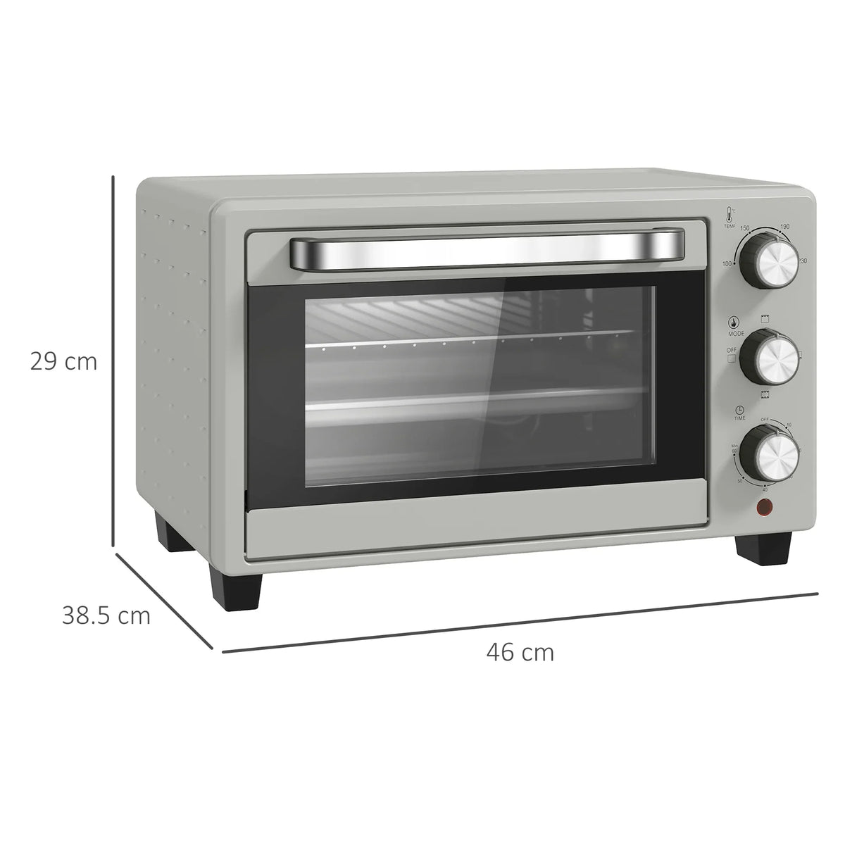 Silver mini countertop oven with glass front door and three round temperature knobs