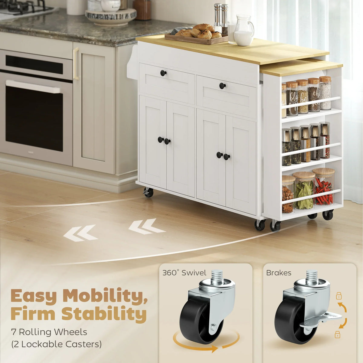 Rolling kitchen island with white cabinet doors, side pantry shelves, and locking caster wheels.