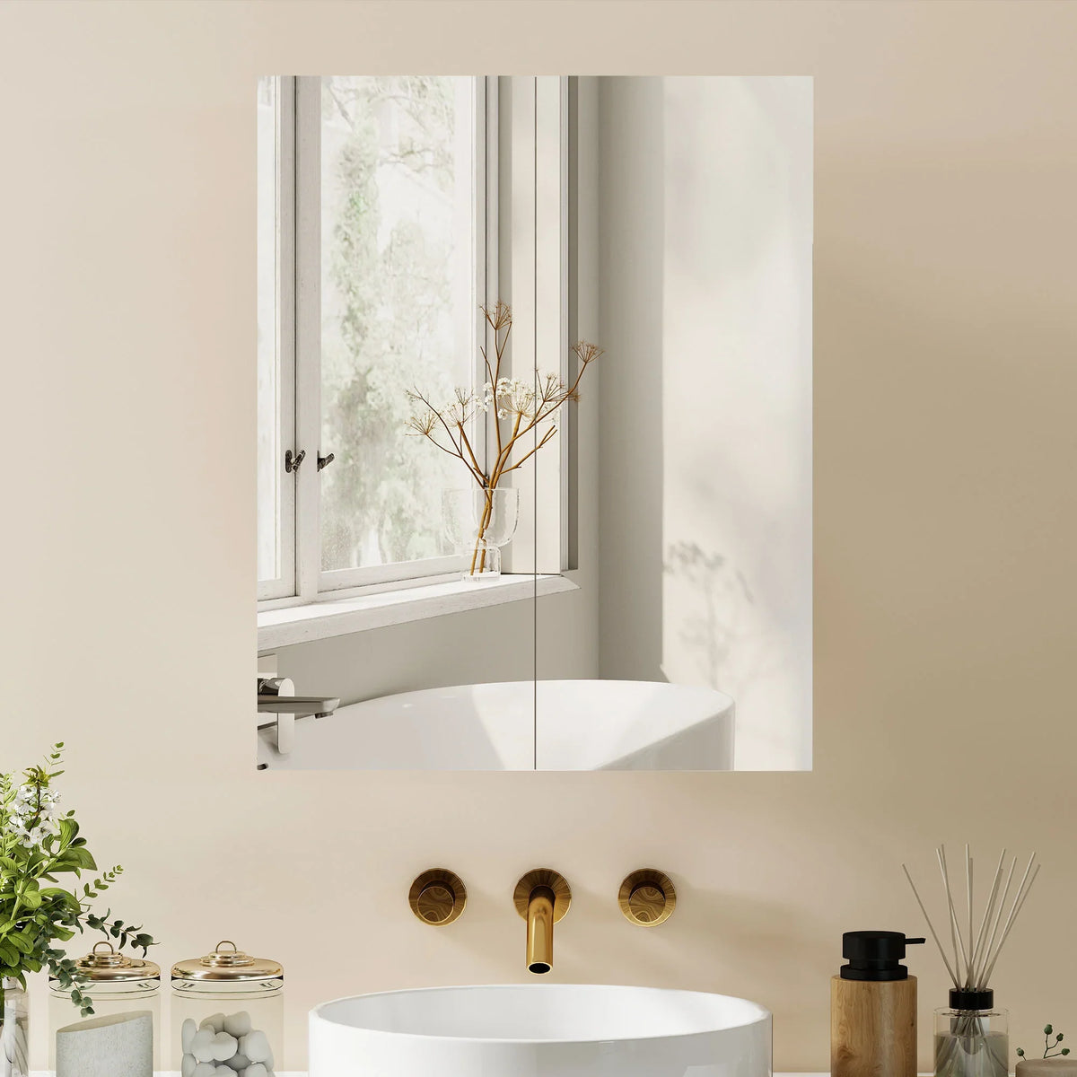 Wall-mounted white bathroom mirror storage cabinet above sink
