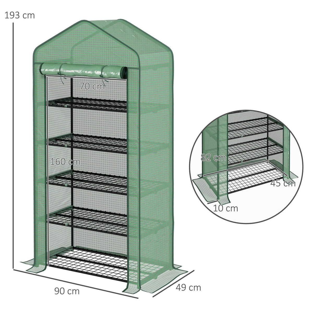 Green portable mini greenhouse with PE cover and 5 wire shelves, with size callouts