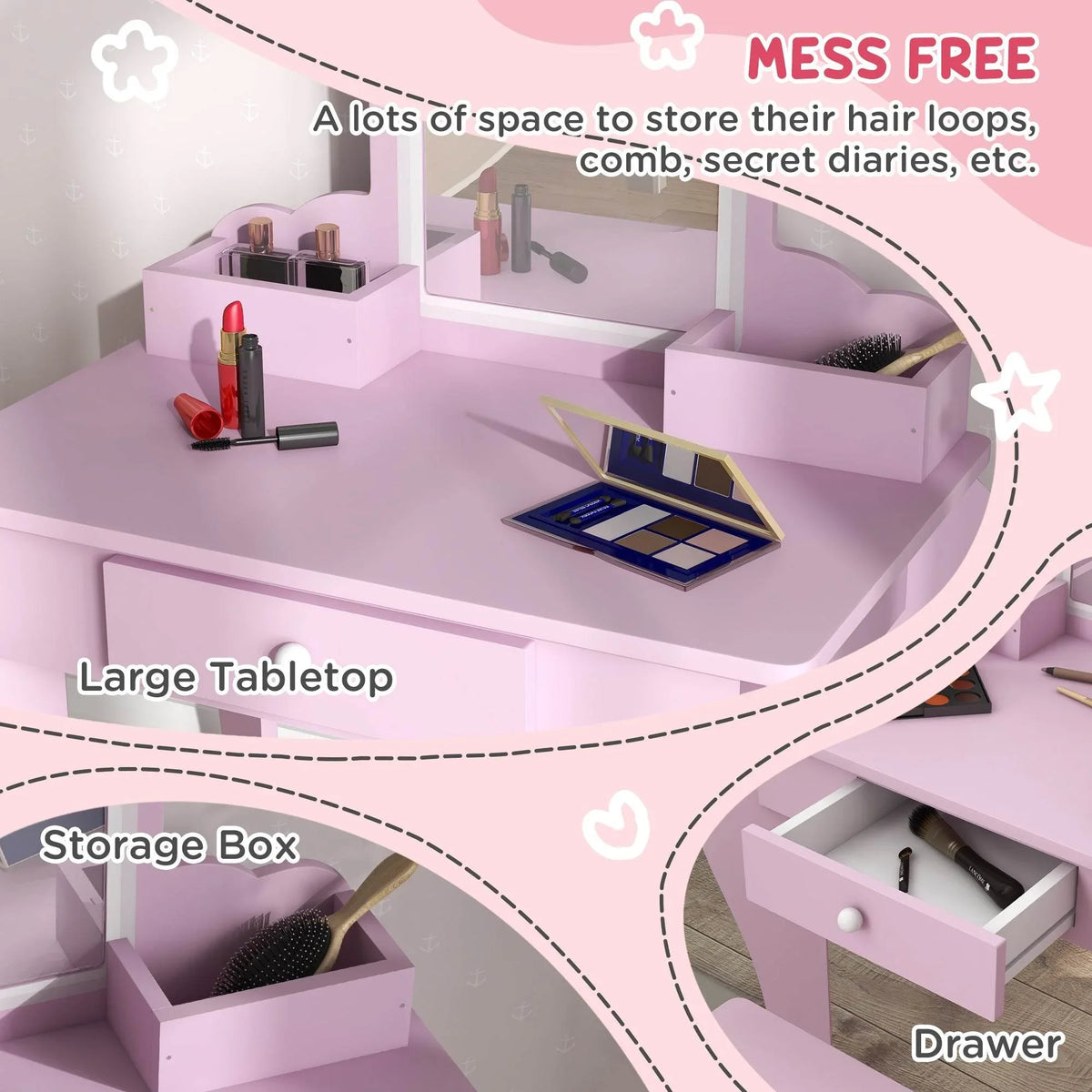 Pink kids vanity table with large tabletop, storage box, and drawer