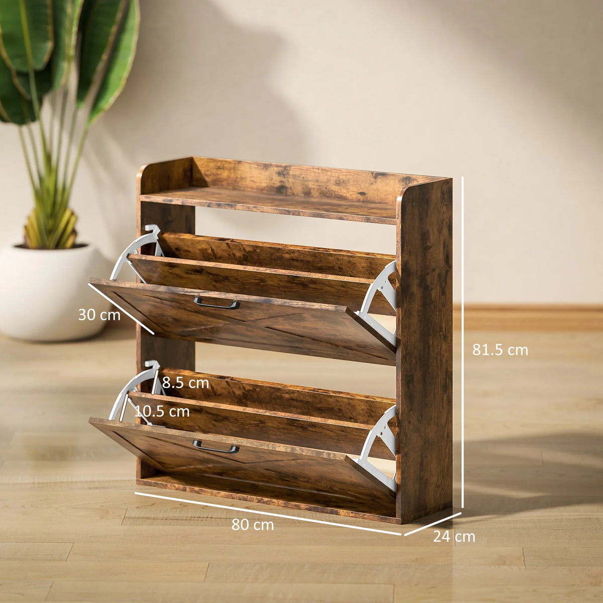 Rustic narrow shoe cabinet with three open tiers and two flip drawer shelves